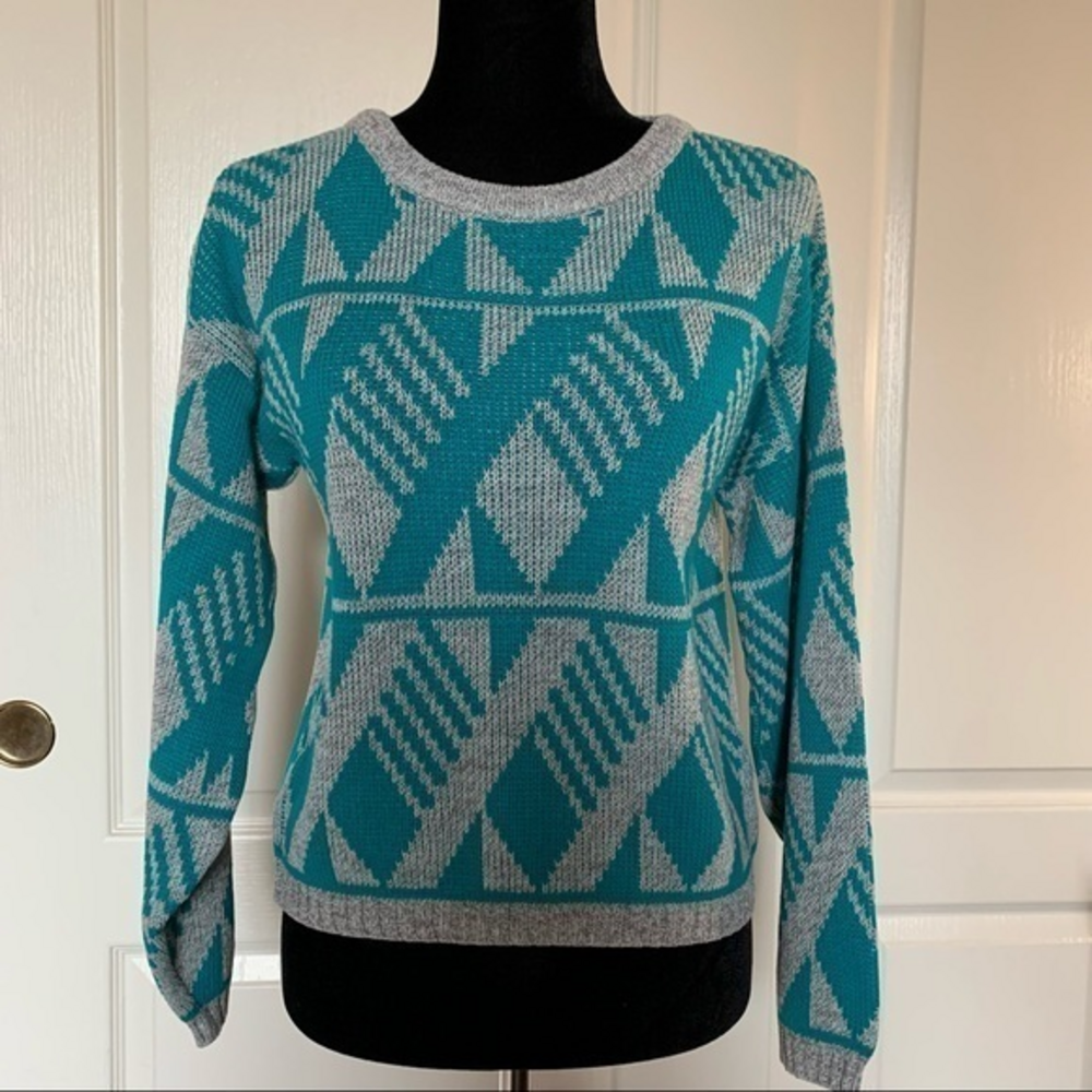 Vintage Currants by‎ Jeri-Jo Turquoise and Gray Crew Neck Sweater Size M